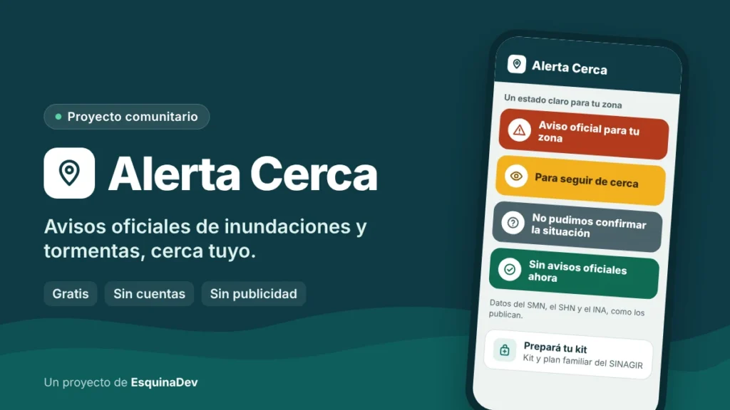 Alerta Cerca: avisos oficiales de inundaciones y tormentas, con los cuatro estados de la app en un teléfono.
