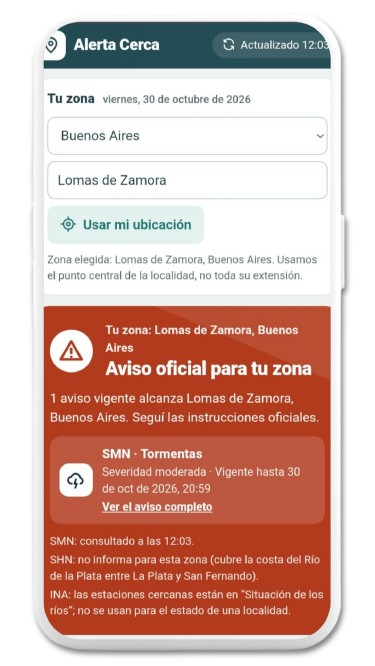Pantalla de Alerta Cerca con el estado Aviso oficial para tu zona (imagen ilustrativa)