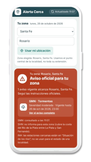 Pantalla de Alerta Cerca con el estado Aviso oficial para tu zona en Rosario, Santa Fe (imagen ilustrativa)