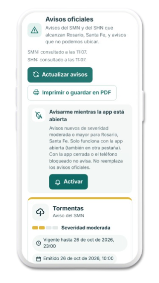 Pantalla de Alerta de tormentas y avisos oficiales (imagen ilustrativa)